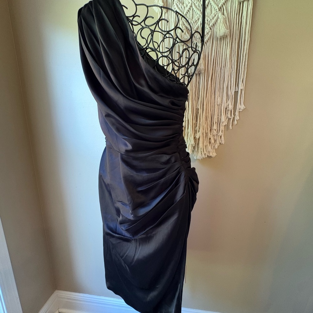 NWT Sexy Sophisticated Black Satin Gather One-Shoulder Dress
